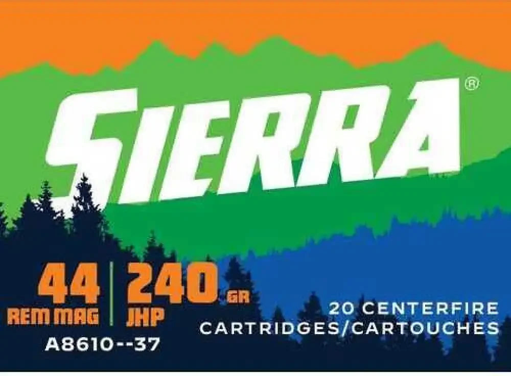 Sierra 44 Rem Mag 240gr JHP ammo with orange green label