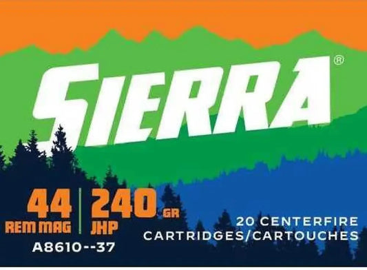 Sierra 44 Rem Mag 240gr JHP ammo with orange green label
