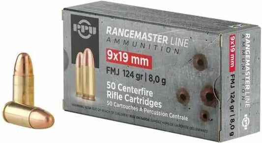 PPU 9x19mm 124 FMJ Rangemaster ammo box with brass casings