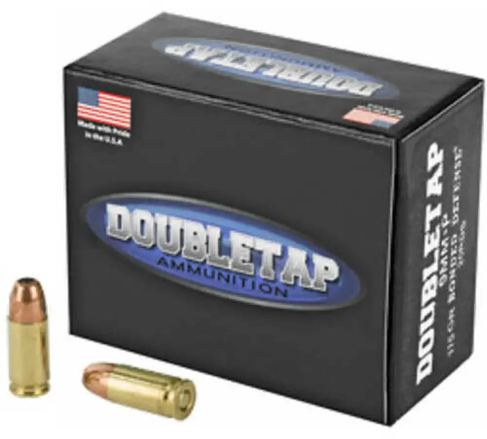 DoubleTap 9mm plus P 115gr JHP ammo box with brass rounds and stopping power logo