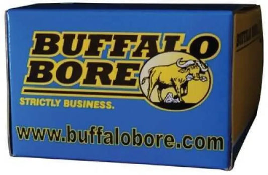 Buffalo Bore 357 Magnum ammunition box with bull logo and stopping power text