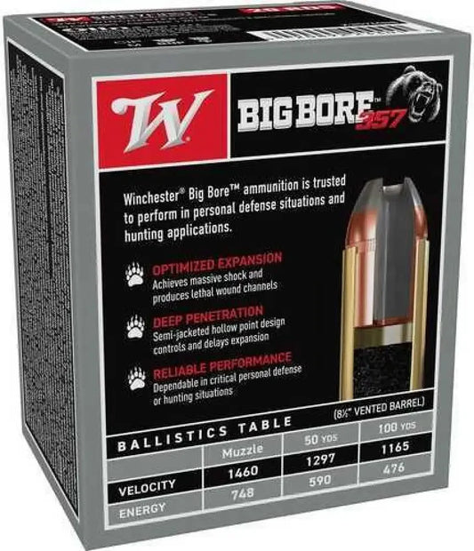 Winchester big bore 357mag 158gr JHP ammo box with black red design
