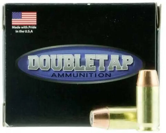 DoubleTap 45 ACP 230 grain hollow point ammo box with brass bullets