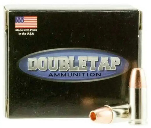 DoubleTap 9mm Luger 115 grain hollow point ammo box with copper-tipped bullets