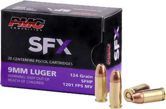 PMC 9mm Luger 124 Gr SFX HP ammo box with gold bullets