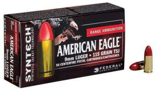 Federal American Eagle 9mm red-tipped ammo in black red box