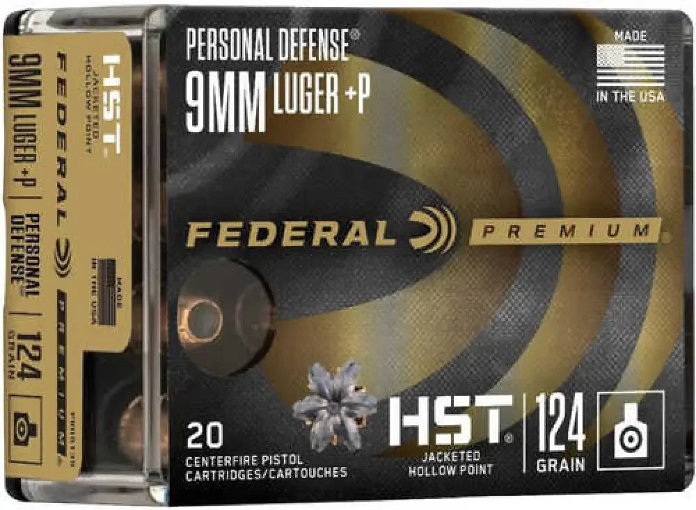 Federal HST 9mm 124 grain hollow point ammo in gold black box