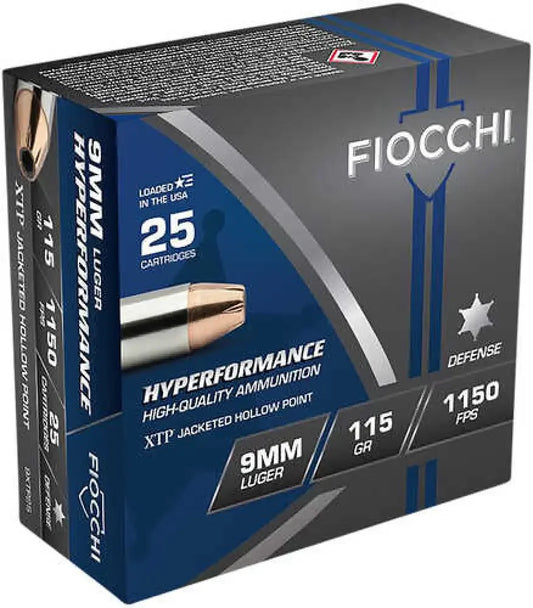 Fiocchi Hyperformance 9mm Luger ammo box with sleek black and blue design