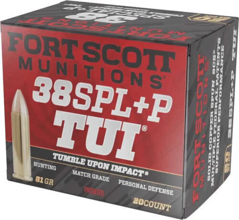 Fort Scott Munition 38 Spl +P ammo box with red black design and gold bullets