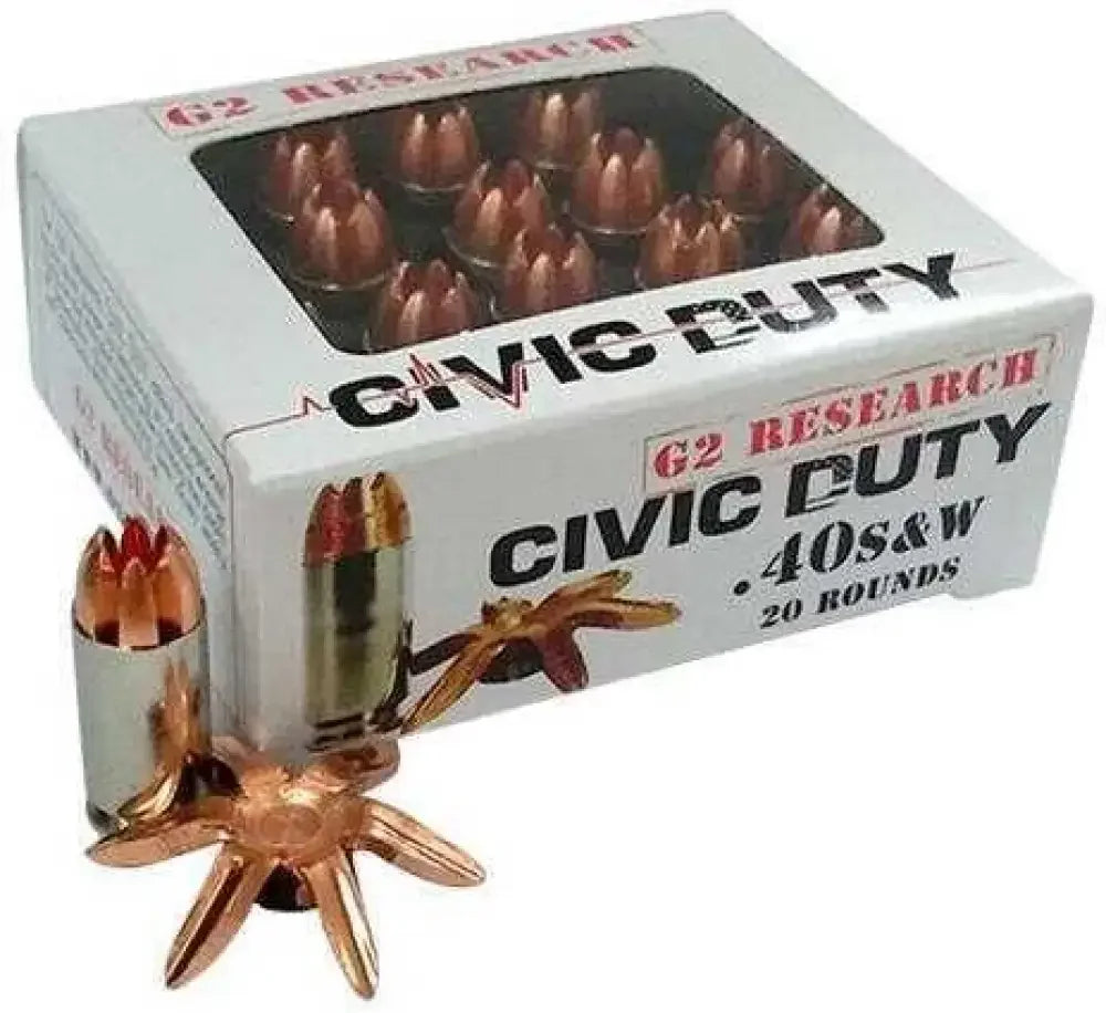 G2 Research Civic Duty 40 S&W copper bullets with star-shaped brass target