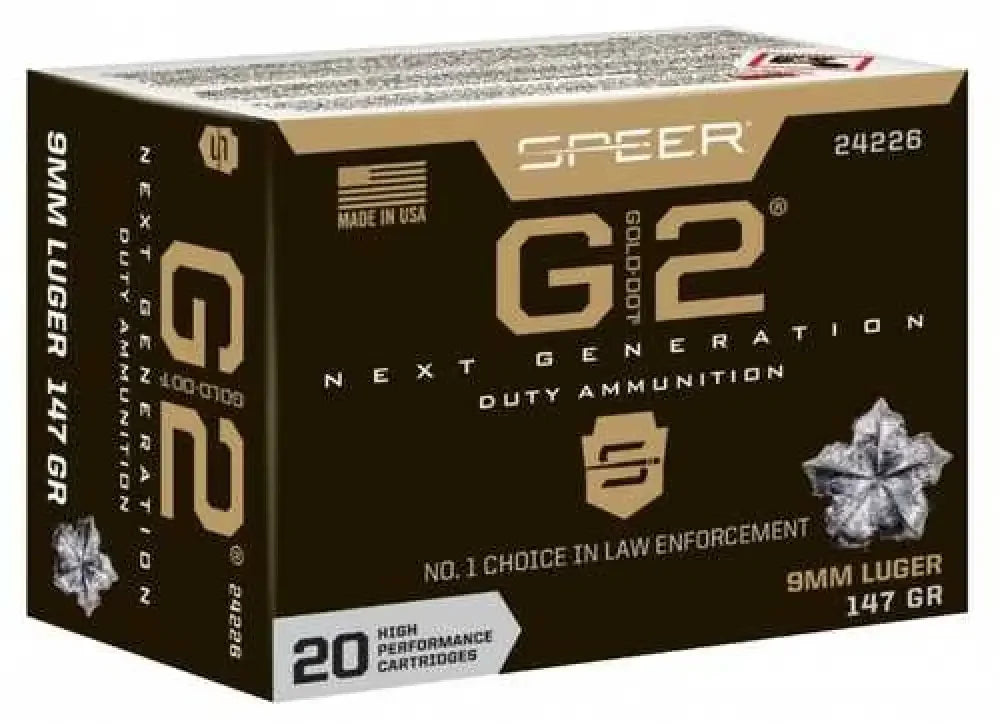 Black and gold box of Speer Gold Dot 9mm Luger ammunition
