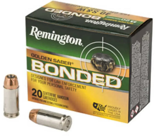 Remington Golden Saber Bonded 40 S&W 165 Grain ammo box with cartridges