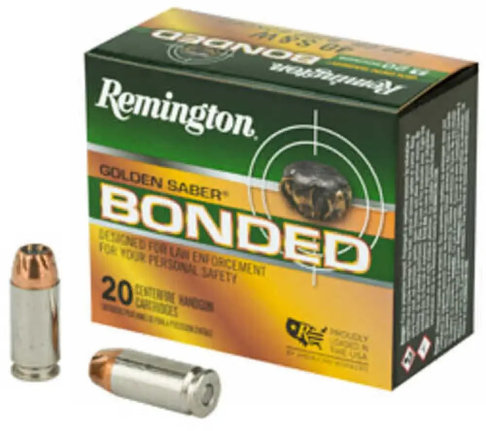 Remington Golden Saber 40 S&W 180 Grain BJHP ammo box and cartridges