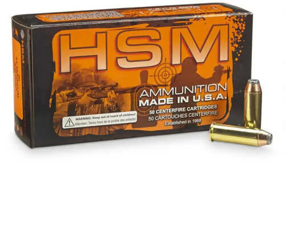 HSM 44 Remington Magnum 300 grain jacketed hollow point ammo box with cartridges