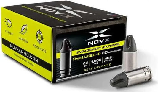 NovX 9mm Luger 65 grain copper ammo box with silver-tipped cartridges
