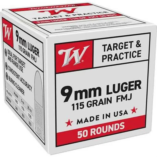 Winchester USA White Box 9mm Luger FMJ 50-round ammo box