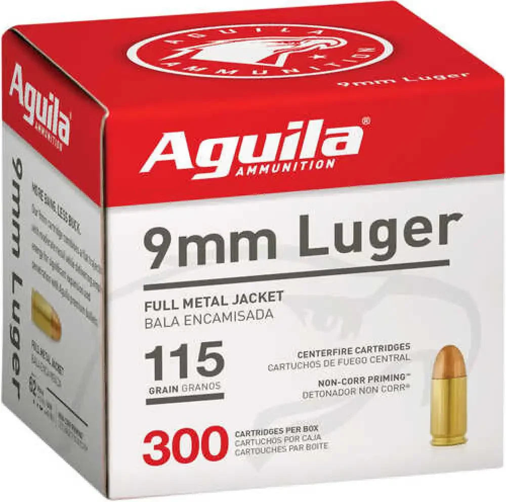 Aguila 9mm Luger 300-round FMJ ammo box, 115gr non-cor primers