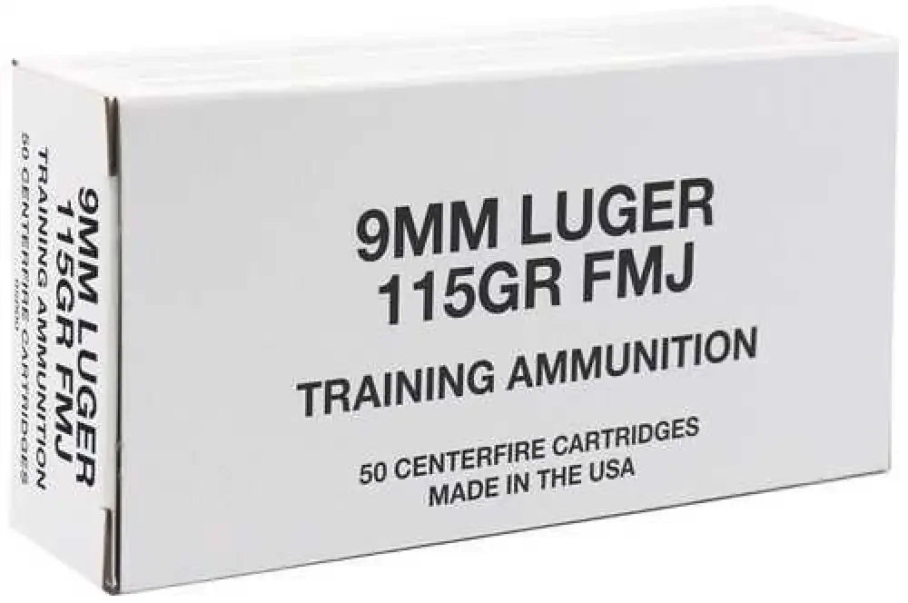 CCI 9mm Luger 115gr FMJ ammo box with 50 centerfire cartridges