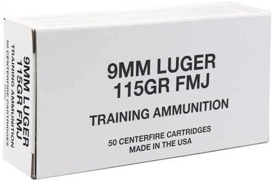 CCI 9mm Luger 115gr FMJ ammo box with 50 centerfire cartridges