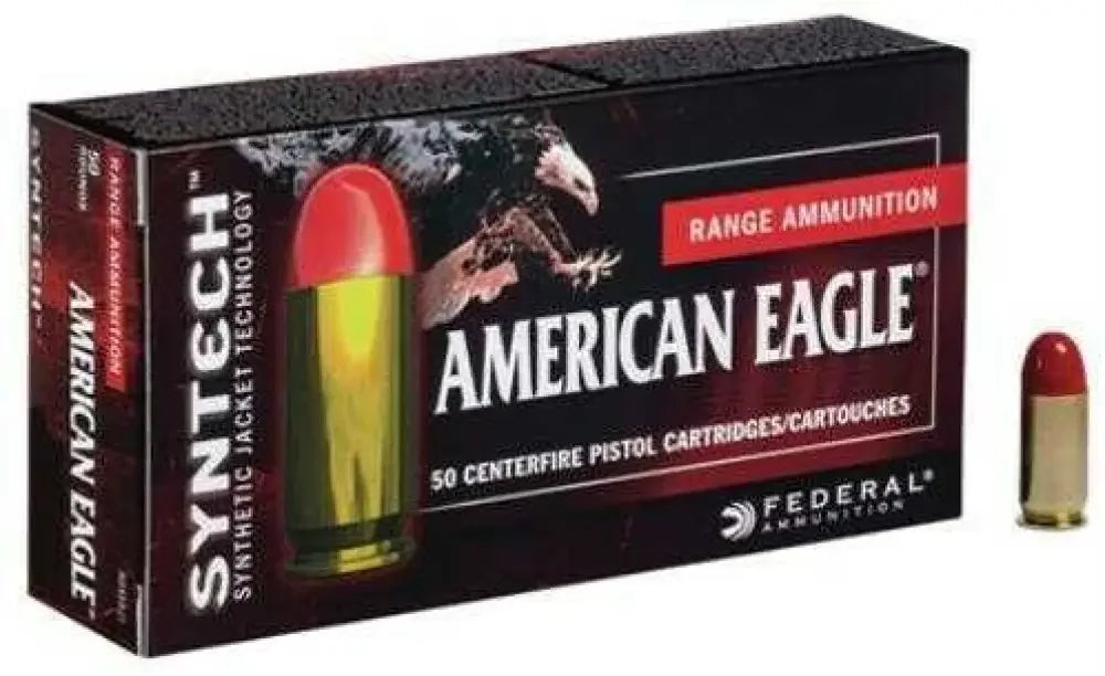 Federal American Eagle 45 ACP ammunition with synthetic jacketed red and gold bullets
