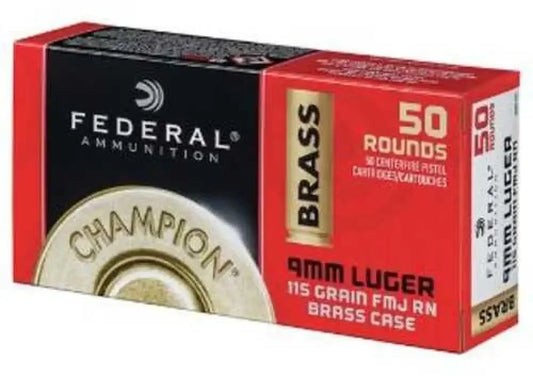 Federal Champion 9mm Luger ammunition in red black box with brass casings