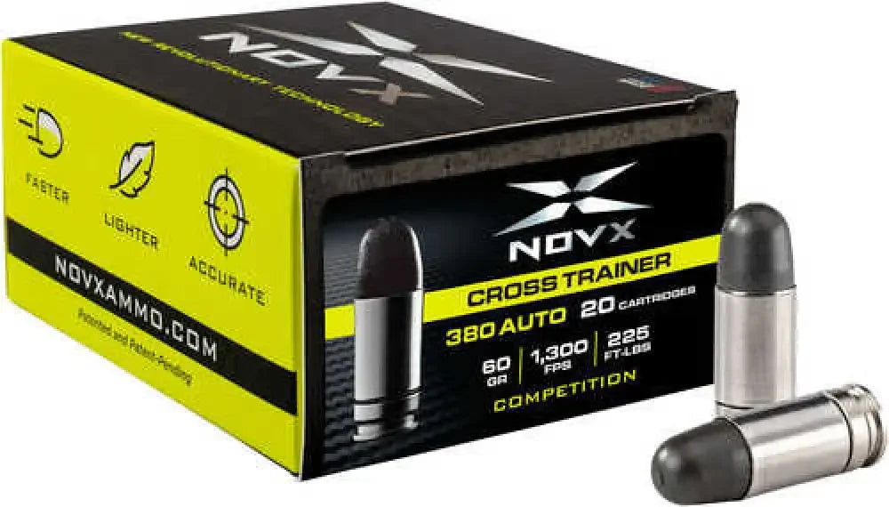 Novx 380ctcss-20 cross trainer ammo box with yellow black packaging and silver-tipped cartridges