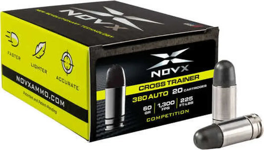 Novx 380ctcss-20 cross trainer ammo box with yellow black packaging and silver-tipped cartridges