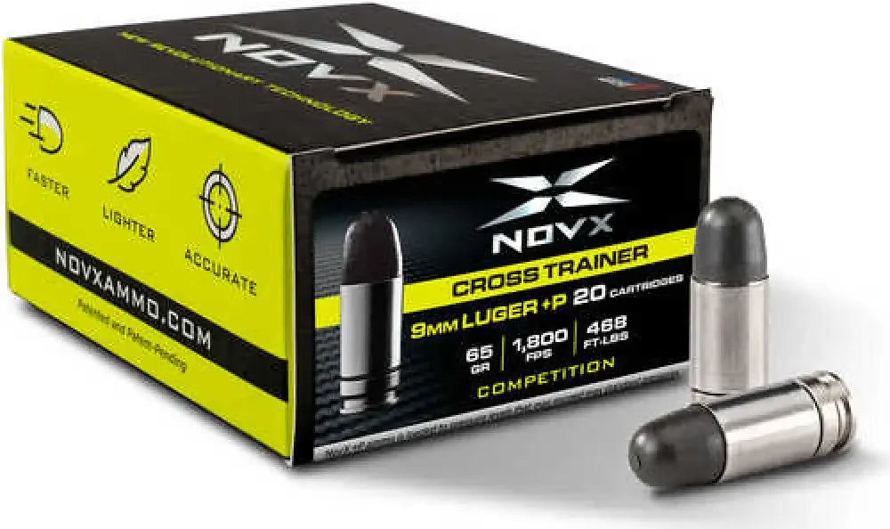NovX Cross Trainer 9mm Luger +P yellow box with silver-tipped cartridges