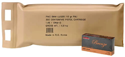 PMC 9mm Luger 115 gr FMJ ammo box with CCI Bronze cartridges