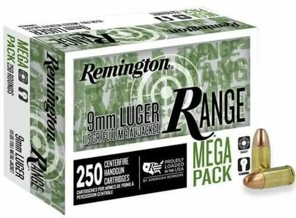 Remington range handgun 9mm luger 115gr FMJ ammo box with camo design