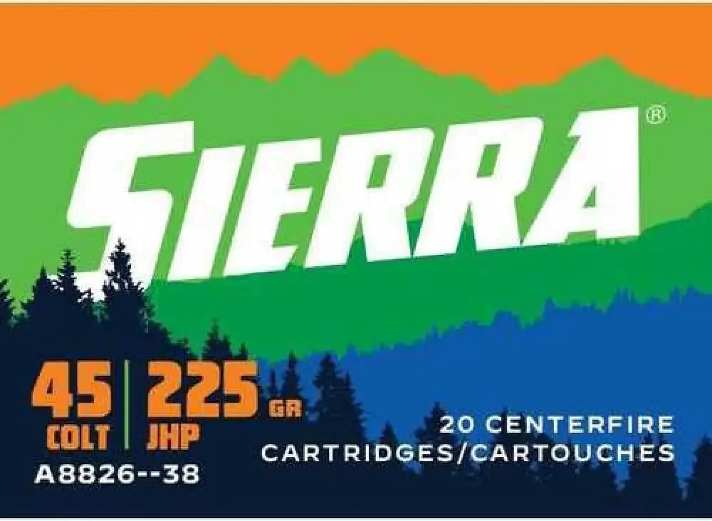 Sierra 45LC 225gr JHP cartridges in colorful mountain forest package