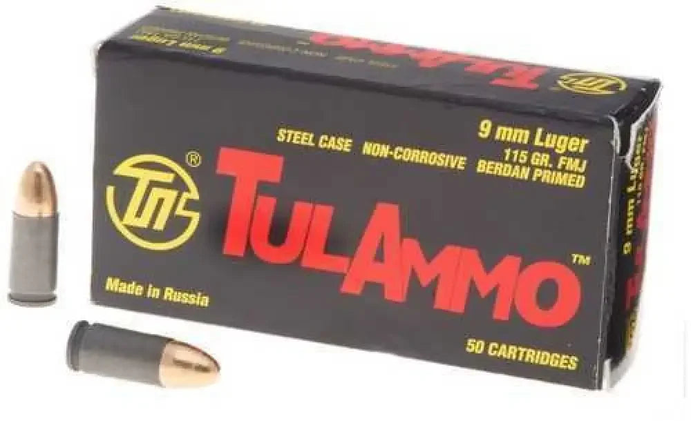 Tula 9mm Luger FMJ ammo box with black and red steel case bullets