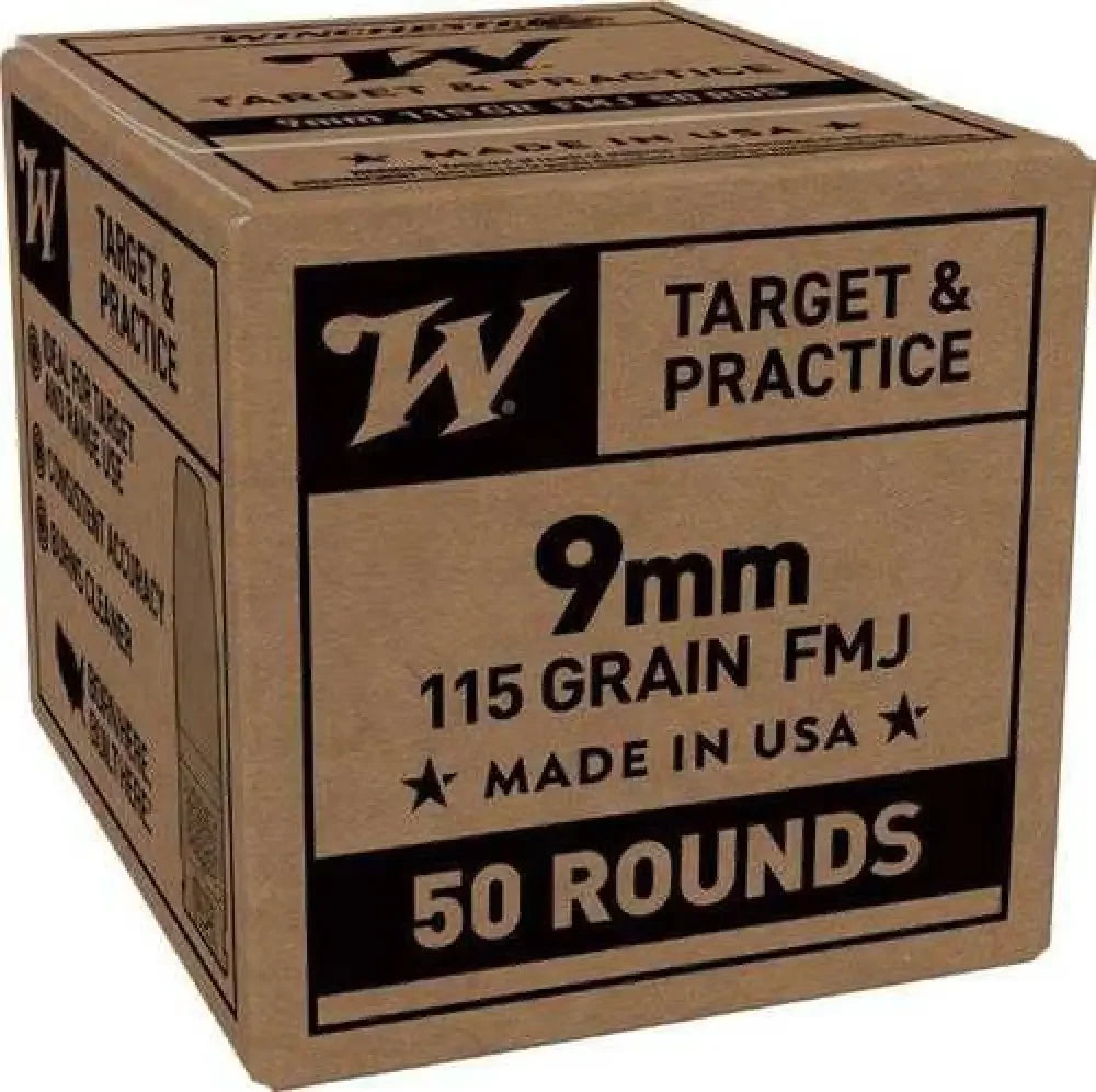 Winchester 9mm FMJ 115 gr ammo box labeled target and practice