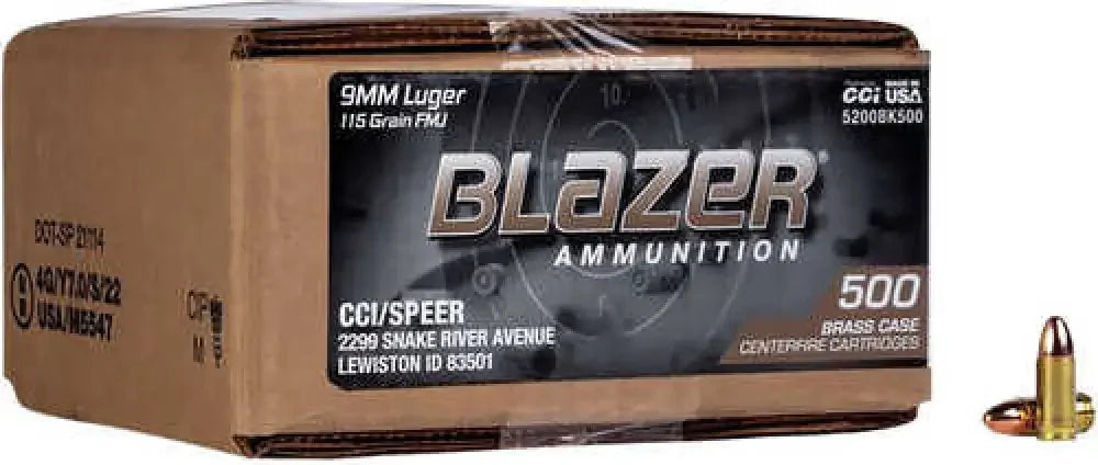 CCI Blazer Brass 9mm Luger ammo box with brass cases