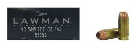 CCI Speer Lawman 40 S&W 180 Grain TMJ ammo box with bullets