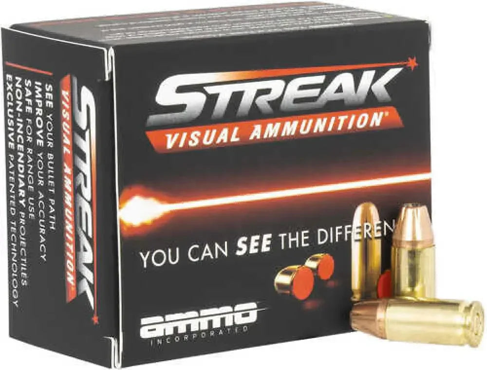 Streak Visual 9mm Luger ammo box with black, orange design and gold bullets