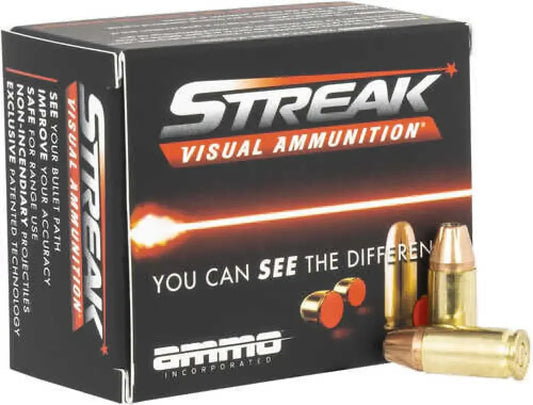 Streak Visual 9mm Luger ammo box with black, orange design and gold bullets