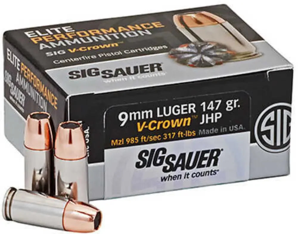 Sig Sauer Elite V-Crown 9mm Luger 147 grain JHP ammo box
