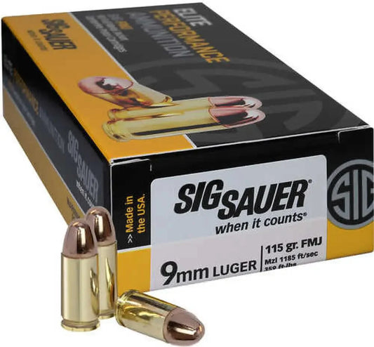 Sig Sauer Elite Ball 9mm 115gr FMJ ammo in gold black box