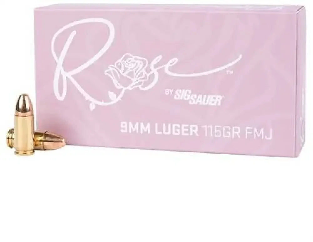 Sig Sauer Rose 9mm Luger 115gr FMJ ammo box with rose logo