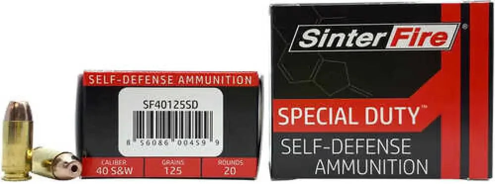 SinterFire SF40125SD frangible hollow point .40 S&W ammo in black red box