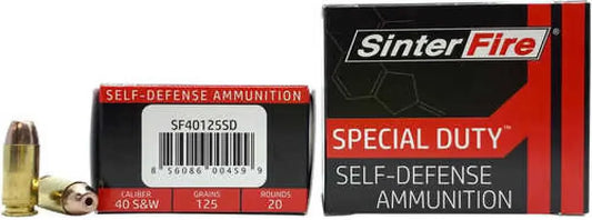 SinterFire SF40125SD frangible hollow point .40 S&W ammo in black red box