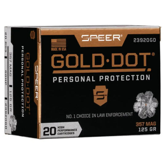 Speer Gold Dot 357 Magnum ammo box in black and gold