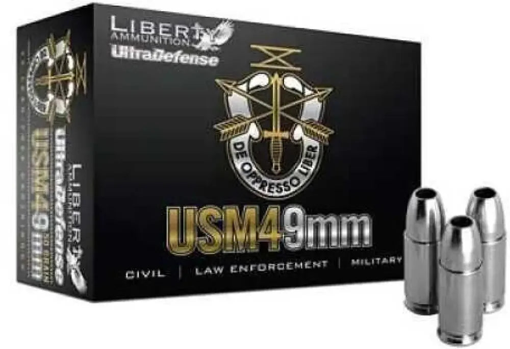 Liberty Ammunition 9mm Ultra Defense box with silver cartridges