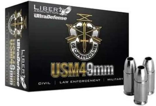 Liberty Ammunition 9mm Ultra Defense box with silver cartridges