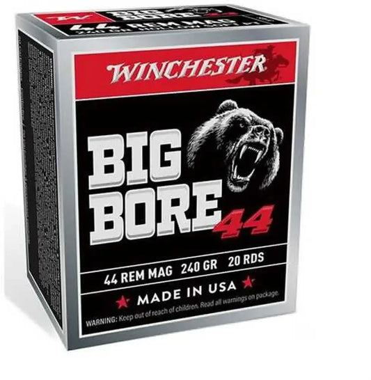 Winchester big bore 44 Remington Magnum JSP ammo box with roaring bear