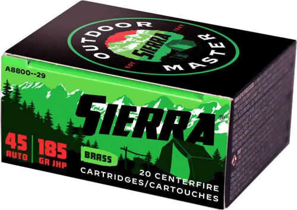 Sierra Ammo Outdoor Master 45 ACP JHP cartridges in green box