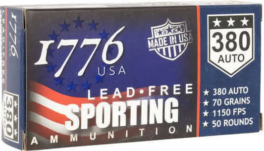 1776 USA lead free .380 ACP ammo in blue red box
