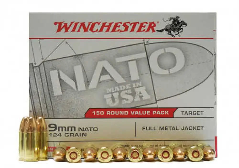Winchester 9mm Luger 150-round FMJ ammo pack, 124 grain