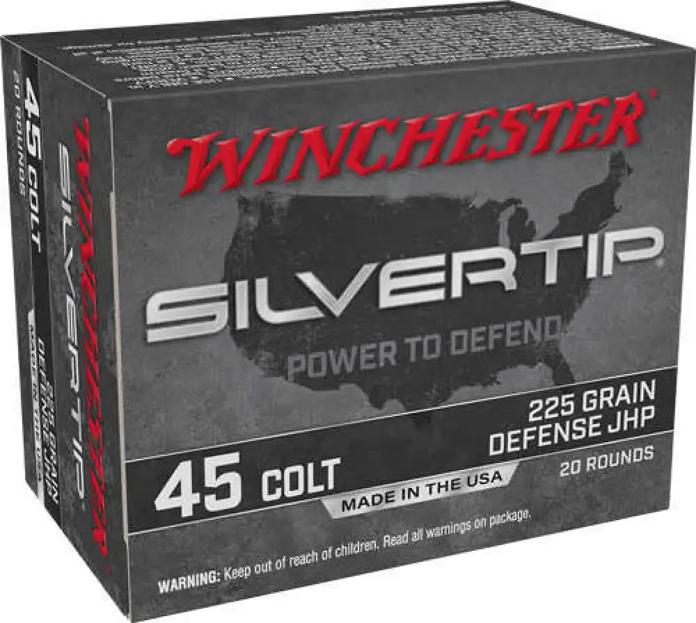 Winchester Silvertip 45 Colt ammo box for personal defense with precise accuracy